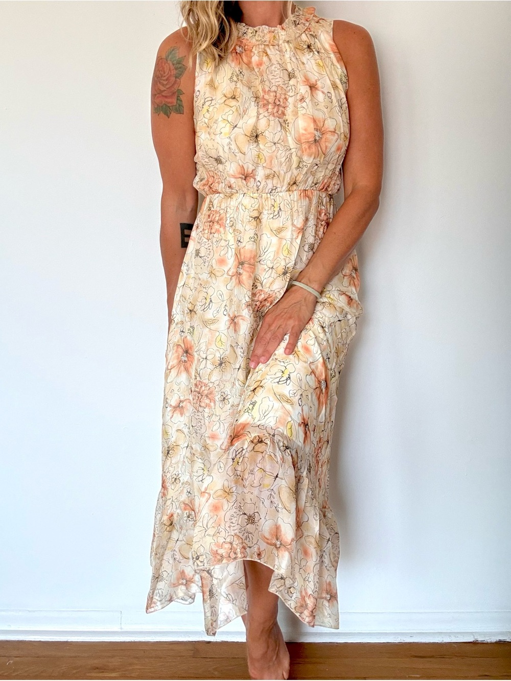 Silky Sheer Sleeveless Floral Maxi Dress in Peach Cream